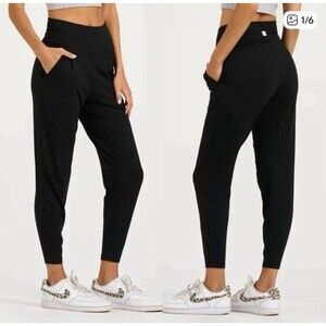 Vuori At Ease Studio Pants Women’s Large Black Ribbed Lounge Athleisure